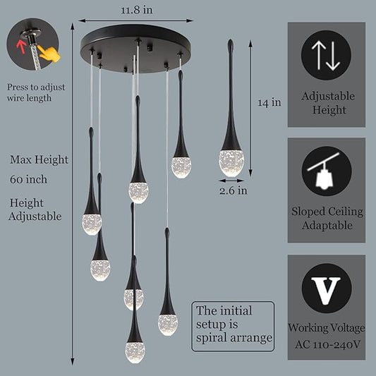 Modern Crystal Chandelier 7-Lights Black, H60'' High Ceiling Spiral Dimmable LED Bubble Crystal Raindrop Light Fixture for Foyer Entryway Dining Room Remote Control