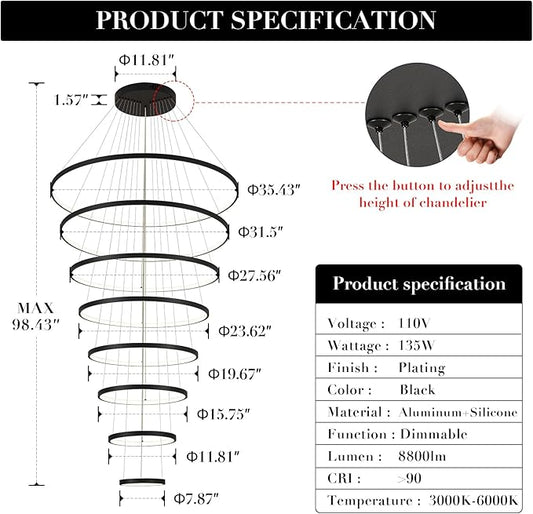 Modern Big LED Chandeliers 8-Ring Big LED Chandelier for High Ceiling with Remote Control Hanging Height Adjustable Max 98" Long Chandelier for Foyer Living Room Entry Staircase 135W