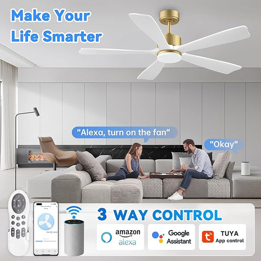 52 Inch Smart Ceiling Fan with Light,Wood Ceiling Fan Voice Control via WIFI Alexa App,Quiet DC Motor,Dimmable LED,Modern Outdoor Indoor Ceiling Fans for Bedroom Patio Porch,5 Solid Wood Blades