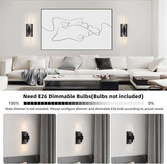 19" Modern Wall Sconce,2-Light Bathroom Vanity Light,Glass Tube Indoor Wall Sconce,Black Wall Light Wall Lamp for Bedroom, Mirror,Washroom, Hallway Hardwired Sconces Wall Lighting,E26 Base