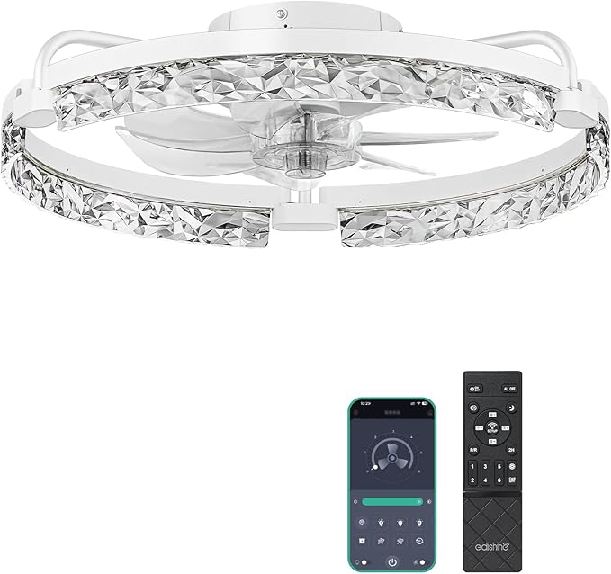EDISHINE 20'' Ceiling Fans with Lights and Remote, Low Profile Flush Mount Fandelier, 3000-6000K Dimmable, 6 Speeds, DC Motor, LED Modern Bladeless Fan Light for Bedroom, Living Room, White