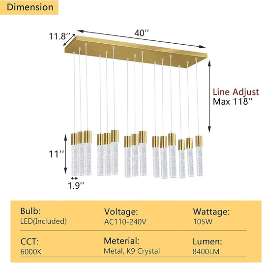 15-Lights Modern LED Pendant Lighting Fixture for Kitchen Island Crystal Chandelier Light Fixtures for Dining Room Living Room Gold