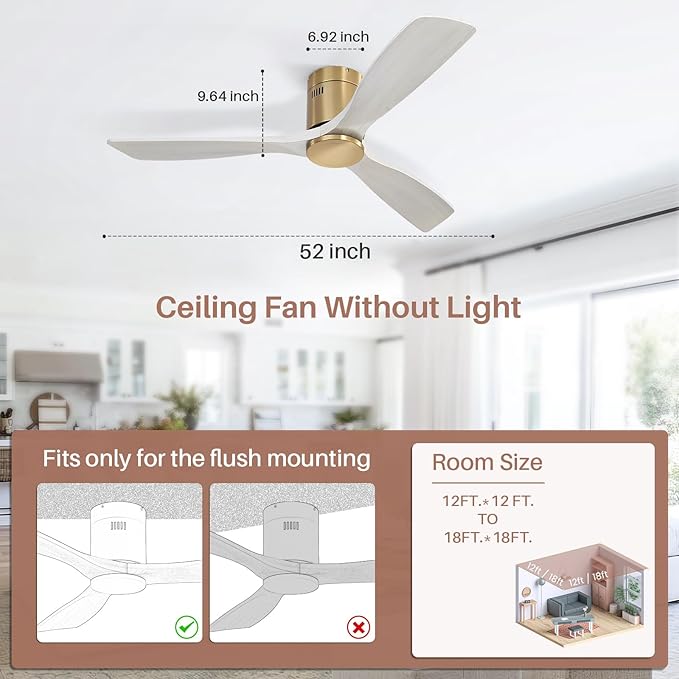 CACI Mall 52 Inch Smart Ceiling Fan without Light, Flush Mount, 3 Blades Solid Wood, Low Profile, Modern, Outdoor/Indoor Ceiling Fans No Light for Bedroom/Farmhouse/Patio