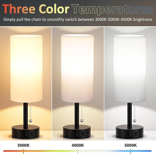 Fenmzee White Bedside Table Lamps Set of 2-3 Color Temperatures Pull Chain Lamp with AC Outlet Charging Port, Round Night Stand Lamps for Bedroom Office, Small Bed Side Light with E26 LED Bulbs