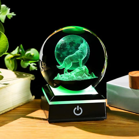 Arikyrist 3D Moon Wolf Crystal Ball Figurine with Colorful LED Base, Laser Wolf Gifts for Women Men Wolves Lovers, Wolf Statue Glass Animal Decorative Ball for Christmas Birthday Home Decor (80mm)
