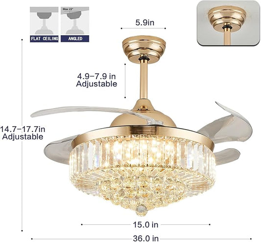 DuMaiWay 36" Dimmable Crystal Ceiling Fan with Light, Fandelier,Chandelier Fan with 4 Retractable Blades LED Remote APP Control for Living Room, Bedroom, Dining Room 6 Speed-Gold