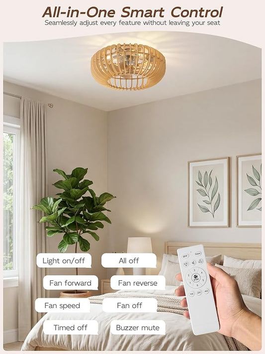 20" Wood Ceiling Fans with Lights Flush Mount, Caged Boho Ceiling Fan with Light Remote Control, Wooden Low Profile for Bedroom, Living Room, Nursery