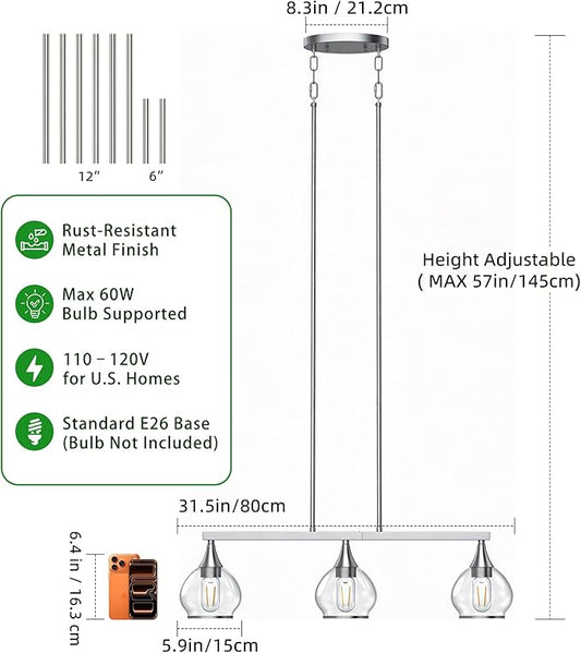 Kitchen Island Linear Pendant Light, 3-Light Modern Chandelier with Clear Glass Globe Shades, Linear Lighting Fixture Over Dining Table, Brushed Nickel