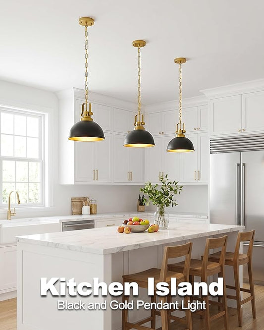 Black and Gold Pendant Lights Kitchen Island, 11.8 Modern Dome Pendant Lighting with Adjustable Chain Gold Metal Hanging Light Fixture for Kitchen Dining Room Restaurant Entrance Foyer Sink