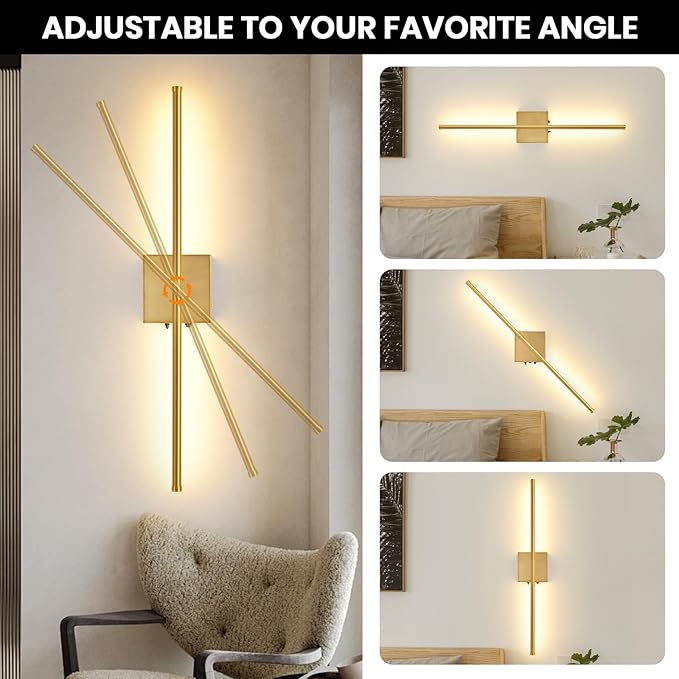 Rechargeable Battery Operated Wall Sconces, 11000mAh Wireless Brushed Gold Wall Lights with Remote Control, 350°Rotate Dimmable Wall Lamp, 3 Color Temperatures, for Bedroom Living Room Hallway, 1 PCS