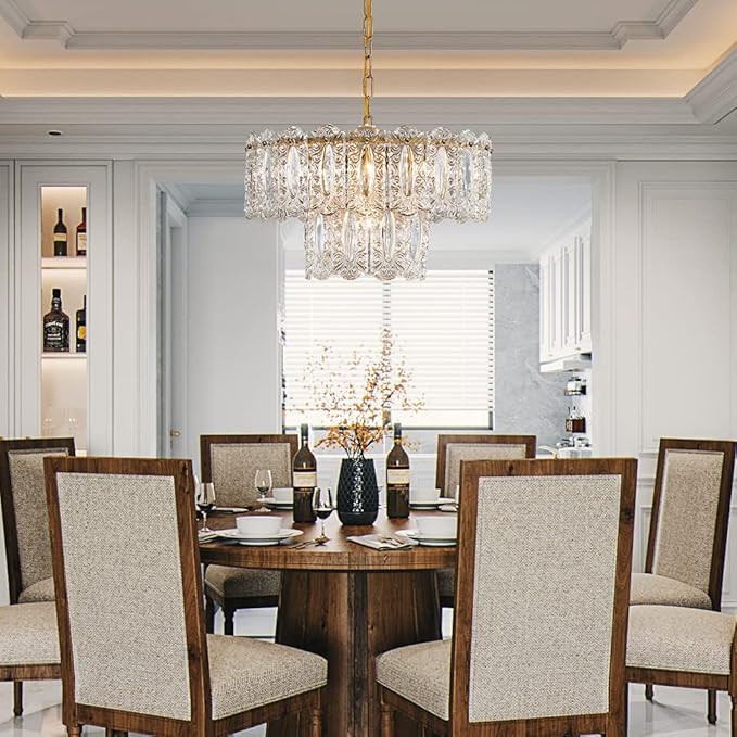 AGV LIGHTING Elegant Glass Chandelier Light Fixture, Modern Vintage Pendant Chandelier Lighting for Dining Room, D18 x H10, 2- Tier Shade & Brass Gold Finish