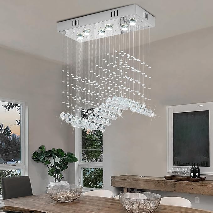 Modern Wave Chandelier, Rectangular Crystal Raindrop Chandelier Flush Mount Pendant Lighting Chrome Ceiling Light Fixture for Dining, Living Room, Kitchen Island, Bedroom of CRYSTOP