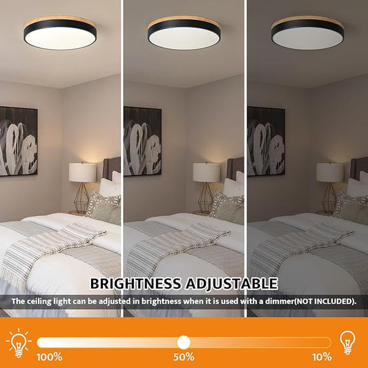 Yiisem Dimmable Wood LED Flush Mount Ceiling Light, 5CCT 2700K-6000K Modern Black Close to Ceiling Lighting Fixtures, Minimalist Round Ceiling Lamp for Living Room, Bedroom, Laundry Room