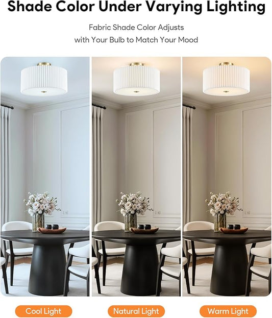 VONLUCE Semi-Flush Mount Ceiling Light, 15.7" Modern 3-Light Ceiling Light Fixture with White Pleated Drum Shade 3 E26 Sockets for Bedroom Entryway Living Room, Bronze Finish, ETL Certificated