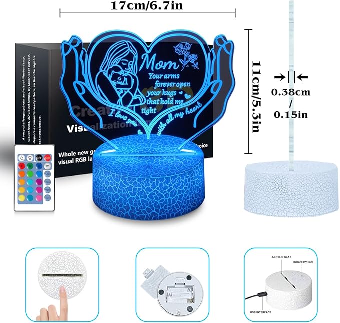 3D Illusion Night Light Gifts for Mom,16 Color Change Decor Bedside Lamp with Remote and Smart Touch, Gifts for Mom for Mothers Day,Xmas