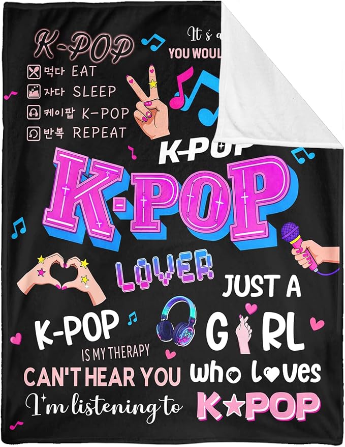 Kpop Gifts Blanket for Teen Girls - Music Gifts for Women Friends K-Pop Fans Lovers, Kpop Merch Stuff, Christmas Birthday Gifts for BFF Girls Women, Just A Girl Who Loves K-pop Blanket 80''x60''