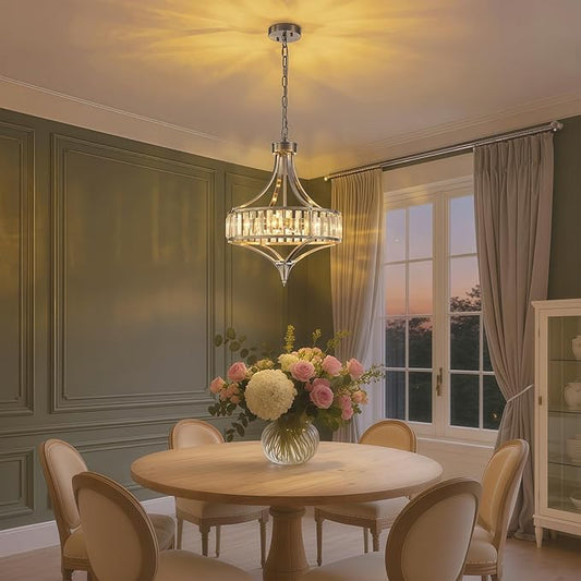 Brushed Nickel Bathroom Chandeliers for Dining Room,15.7" Modern Round Crystal Chandelier Over Tub,4-Light Unique Pendant Light Fixtures for Entryway Foyer Living Room Bedroom Kitchen Island