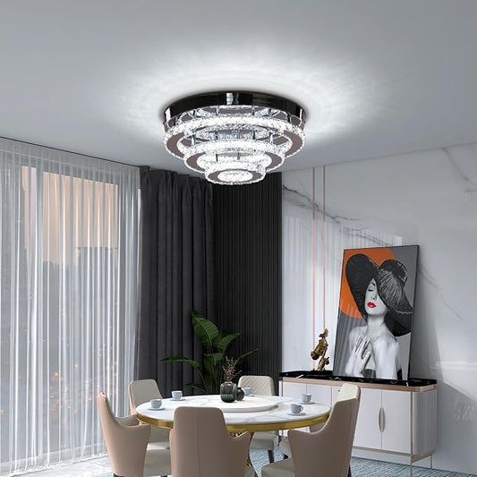 Modern Crystal Ceiling Light, 13.7" 3-Tier Round LED Flush Mount Chandelier, 42W Integrated LED, 6000K Cool White, Non-Dimmable Ceiling Lamp for Bedroom, Hallway, Entryway