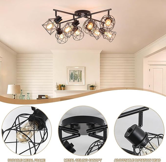 8 Lights Adjustable Multi-Directional Black Light Fixtures, Semi Flush Mount Ceiling Light, Kitchen Light Fixtures Track Lighting Fixtures with Metal Cage Industrial Spotlight Fixtures for Dining Room