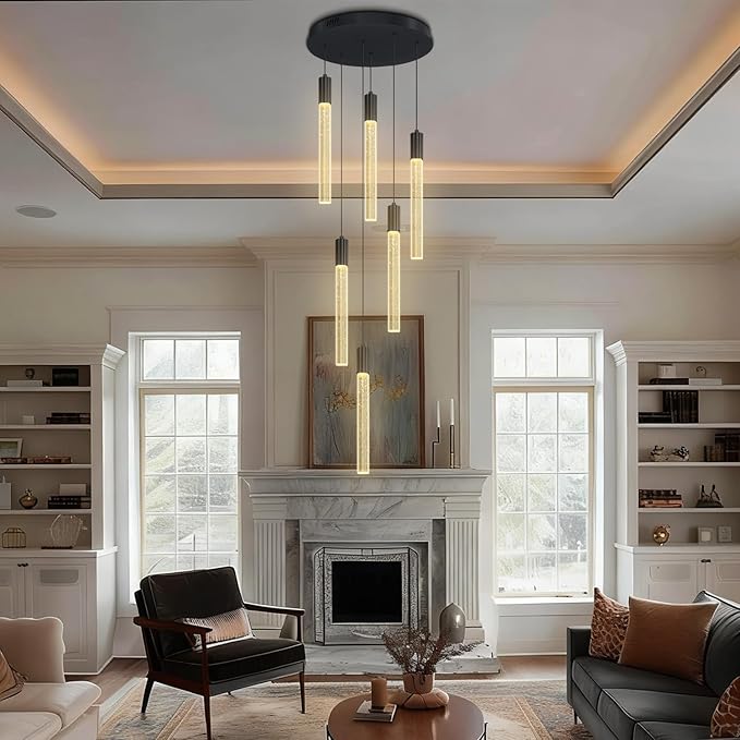 Luxury 6 Light Modern Crystal Pendant Light - 71" High Ceiling Black LED Dimmable Pendant Light for Bedside Island Kitchen Living Room