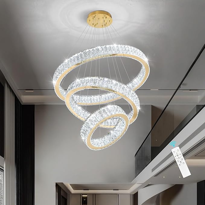Modern Crystal Chandelier 55W Dimmable LED Chandeliers with Remote Luxury Height Adjustable Pendant Lighting for Living Room Dining Room Gold