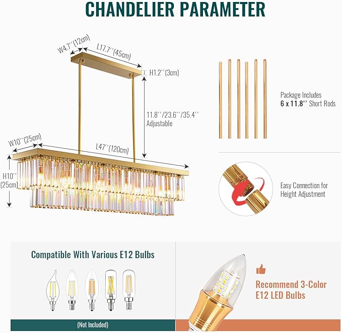 Siljoy Rectangular Gold Crystal Chandelier for Dining Room, 12-Light Modern Rectangle K9 Crystal Raindrop Chandelier Dimmable Ceiling Light for Living Room Kitchen Island, L47'' x W10'' x H10''