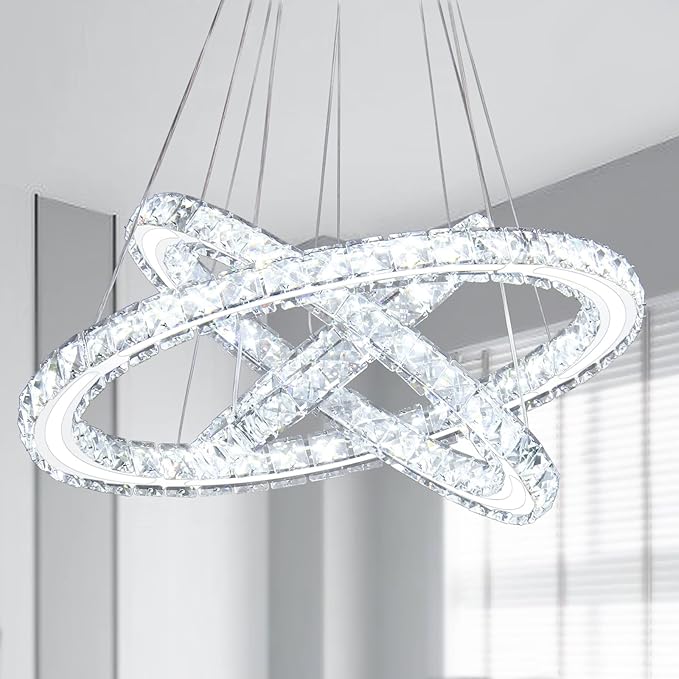 LED Chandeliers Modern Ceiling Light Fixture 3 Rings Adjustable Crystal Pendant Light Fixture Ceiling Hanging for Living Room Dining Room Bedrooms Hall 250mm Base 209 Crystals (Cool White)