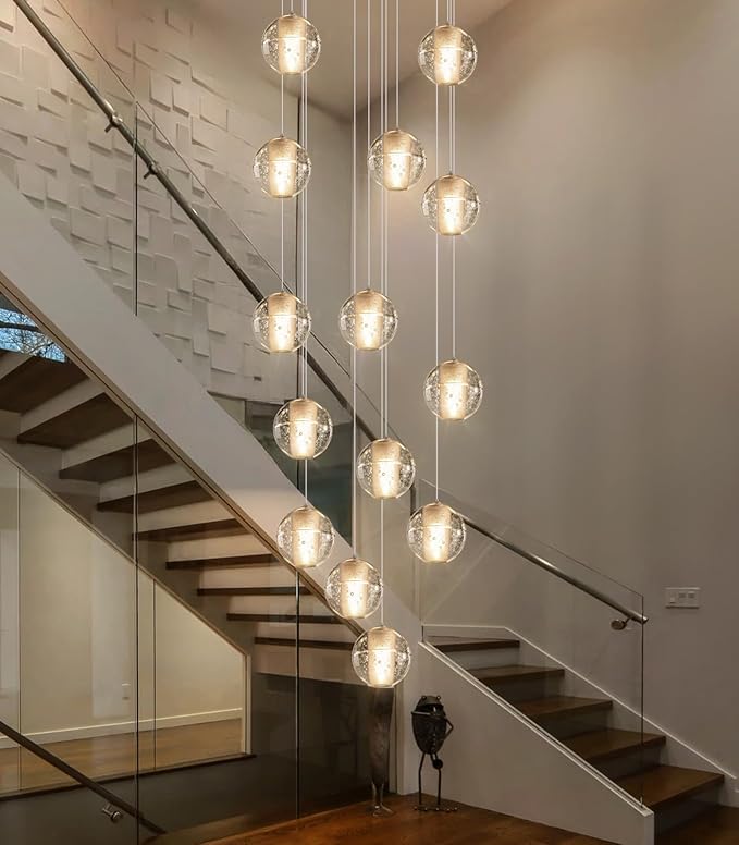 HAIXIANG 14-Lights Modern Chandelier Bubble Crystal 118" Long Lights for Living Room Entrance Foyer Sloped High Ceiling Spiral Pendant Lighting Warm Ligh Bulbs Silver Lights