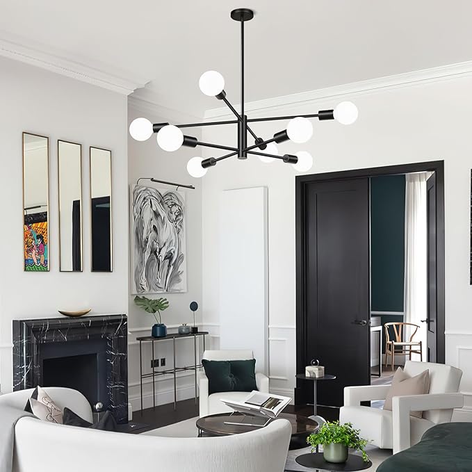 MQMQA Sputnik Chandeliers Dining Room Light Fixture (8-Light, 30-Inch), Modern Black Chandelier, Height Adjustable Mid Century Modern Chandeliers for Dining Room Kitchen Island (Bulbs Not Included)