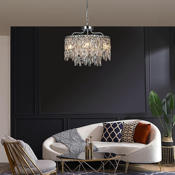 Chrome Crystal Chandelier, Modern Luxury Round Dining Room Chandeliers Over Table,6 Lights Chrome Ceiling Pendant Lighting for Dining Room Bedroom Entryway Foyer Staircase