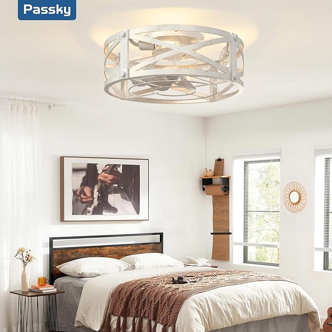 Passky 20" Farmhouse Flush Mount Ceiling Fans with Lights and Remote, Industrial White Caged Low Profile Fandelier, 6 Speeds Bladeless Ceiling Fan for Bedroom, Kitchen, Living Room