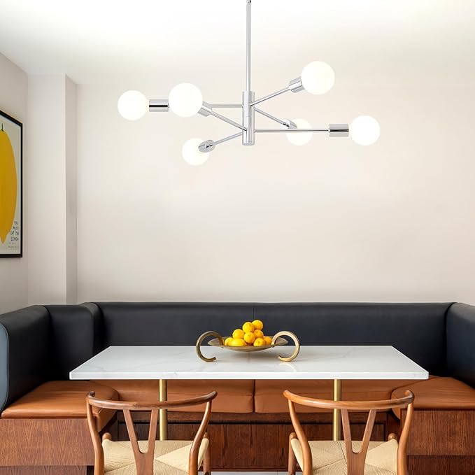 HHR 6-Light Sputnik Ceiling Light Fixture, Chrome Modern Chandelier, Mid Century Dining Room Light Fixture, Height Adjustable Chandeliers for Living Room Kitchen Island
