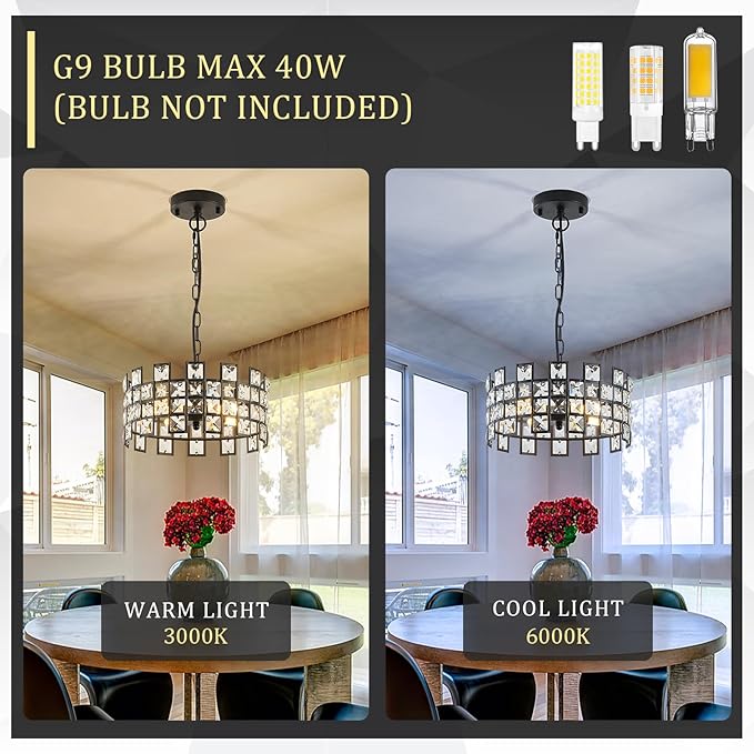 CATINER Black Crystal Pendant Light, 12'' Round 4-Light Modern Chandelier, Semi Flush Mount Ceiling Light for Kitchen Island, Dining Room, Bedroom, Entryway, Hallway, Foyer