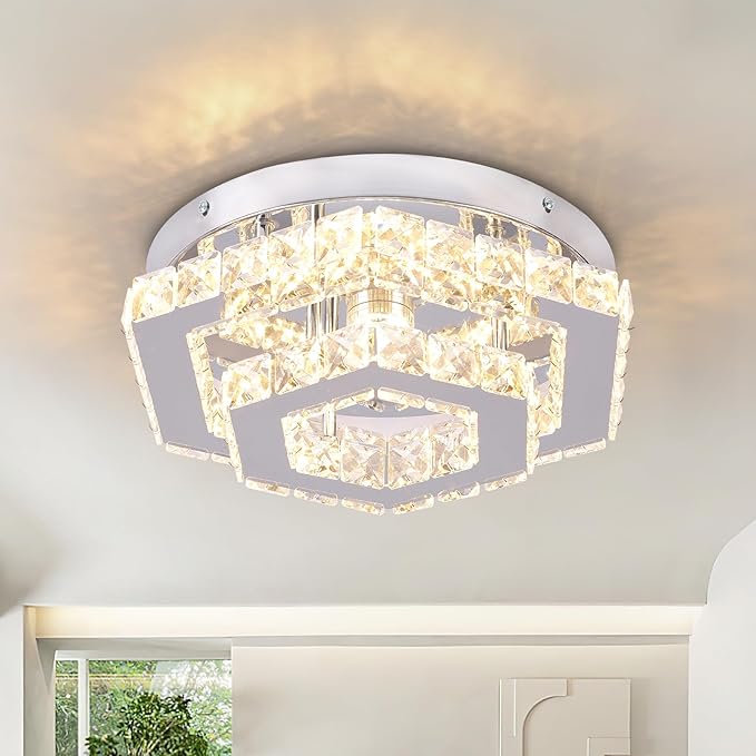 Modern Hexagon K9 Crystal LED Flush Mount Ceiling Light, 45W 3600LM 3-Color, Luxury 2-Layer Stainless Steel Chandelier for Bedroom Living Room Hallway Bathroom
