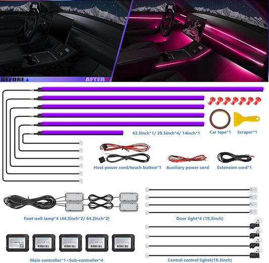 Acrylic Interior Car LED Strip Light with Wireless APP, RGB 18 in 1 with 175 inches 600 LEDs Fiber Optic Strip Lights for Car, Dynamic Chasing Sound Active Neon Car Ambient Lighting Kits