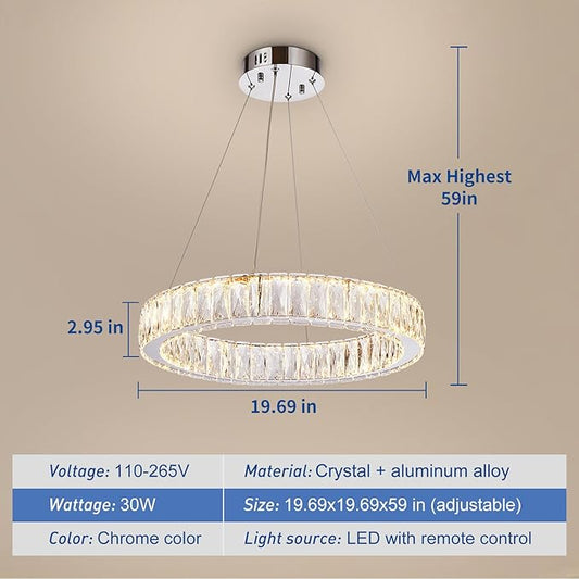 Depuley Modern LED Crystal Chandelier: 19.7" Ring Dimmable Pendant Light Adjustable for Dining Room - 30W Round Crystal Chandeliers for Bedroom Kitchen Over Table Living Room Porch Foyer