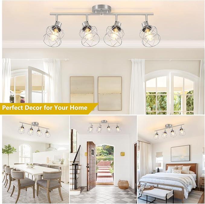 Baocuz 4-Light Kitchen Lighting Fixtures, Adjustable Multi-Directional Brushed Nickel Track Ceiling Light, Semi Flush Mount Ceiling Spotlight with Wire Cages for Living Room, Bedroom, Hallway