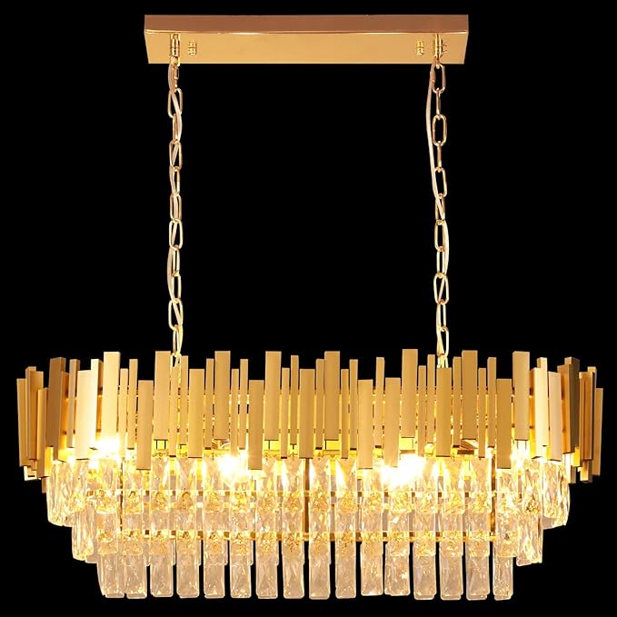 Depuley 31" Crystal Rectangle Chandelier: 3-Tier Gold Glass Crystal Chandelier Island Light Fixtures for Dining Room - 8-Light Linear Pendant Light for Kitchen Island Included Bulbs