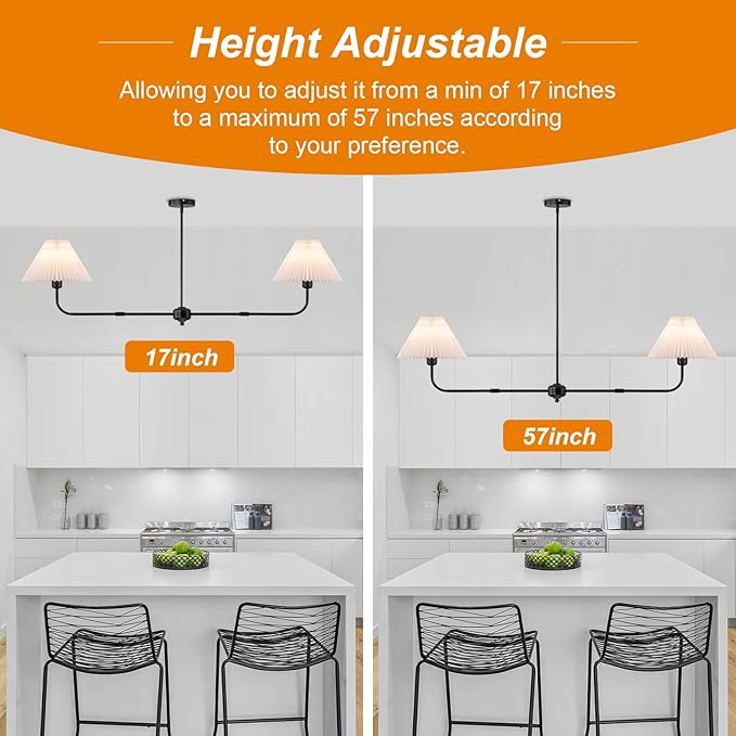 Modern Chandelier, 2-Light Linear Dining Room Light Fixture with White Fabric & ABS Shade Kitchen Island Lighting Fixture for Over Table, Living Room, Bedroom