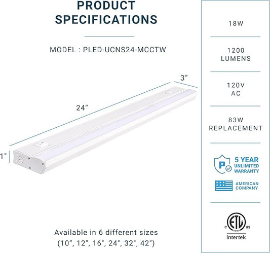 PARMIDA LED Under Cabinet Lighting, Hardwired Installation, 24 Inch, 18W, 5CCT Color Selectable - 2700K/3000K/4000K/5000K/6000K, ETL Listed, 120V, Dimmable, 1200 Lumens, White Finish
