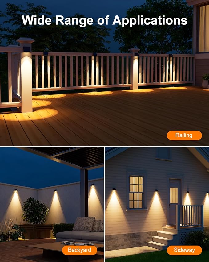 8 Pack Decorative Solar Powered Fence Lights Outdoor Waterproof with Warm White LED Spot Lens, for Outside Wall, Deck, Patio, Yard, Rail, Garage, garden, Designed for Enhanced Security, Easy Install