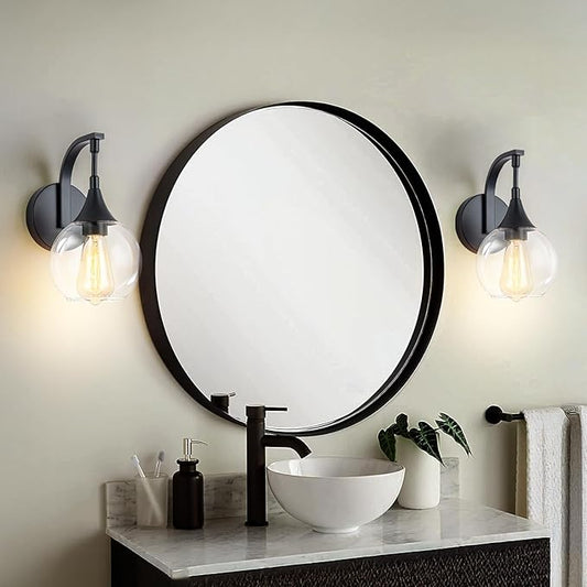 Black Wall Sconce Light, Modern Vanity Light Fixtures with 4.9 Inches Clear Glass Shade, Farmhouse Wall Lights for Living Room, Bedroom, Hallway