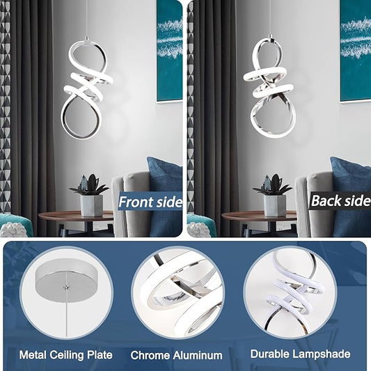 EIDISUNY Modern Led Pendant Light Fixture, 15W Chrome Spiral Pendant Light Kitchen Island, 4500K Daylight White Pendant Lamp, Adjustable Height Chandelier for Kitchen Dining Room Bedroom (Chrome)