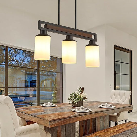 Farmhouse Dining Room Light Fixture, 3-Light Wood Kitchen Island Lighting for Dining Room Over Table, Black Adjustable Pendant Light with Milk Glass Shades, Linear Chandeliers Lighting for Kitchen