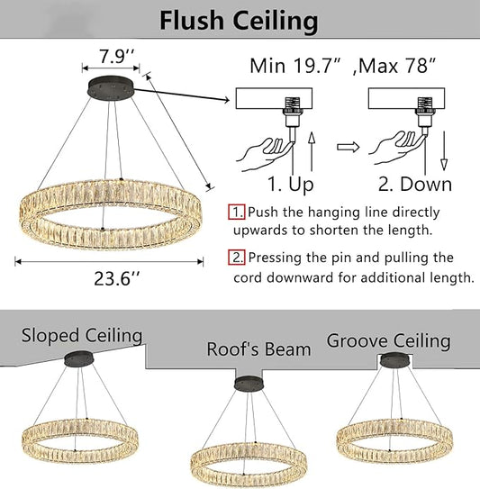 HAIXIANG Modern Crystal Chandelier Dimmable LED Ring Pendant Lights Adjustable Glam Chandeliers Lighting Fixtures for Dining Room Living Room Bedroom Black Light