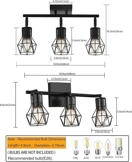 3 Light Track Lighting Fixtures Ceiling,Black Flush Mount Ceiling Light with E26 Lamp Head, Industrial Black Kitchen Track Lighting for Kitchen, Living Room, Dining Room, Hallway
