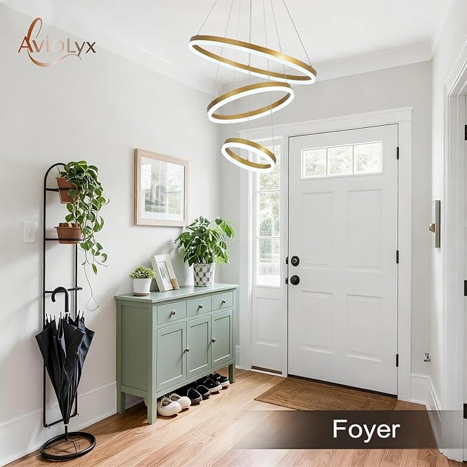3 Rings Modern LED Chandelier Gold High Ceiling Ring Chandeliers with Remote Control Circular Pendant Light Dimmable for Dining Room Living Room Bedroom Foyer Entryway 3000K-6500K