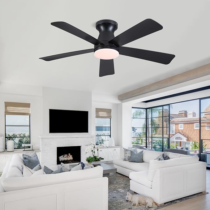 46" Low Profile Ceiling Fans with Lights and Remote, Black Indoor Ceiling Fan Light with Quiet Reversible DC Motor,Modern Flush Mount Ceiling Fans with Dimmable LED for Bedroom Kitchen