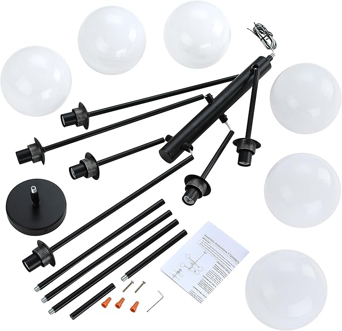 Mid Century 6-Lights Globe Milky Handcrafted Marble Glass Chandelier for Living Room Modern Black Chandelier Light Fixture Dining Room Chandelier Over Table Foyer Bedroom Kitchen Island