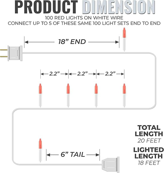 612 Vermont 100 Red Christmas Lights on a White Wire String, UL Approved, Indoor and Outdoor Use, 18’ of Lighted Length, 20’ of Total Length